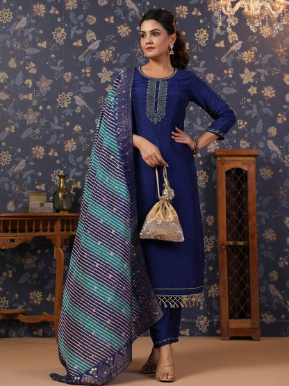 Navy-Blue Thread Work Detailed Straight Pure Silk Kurta & Churidar With Dupatta - Buy Best Ethnic Wear for Women & Girls | Daily Woman - 