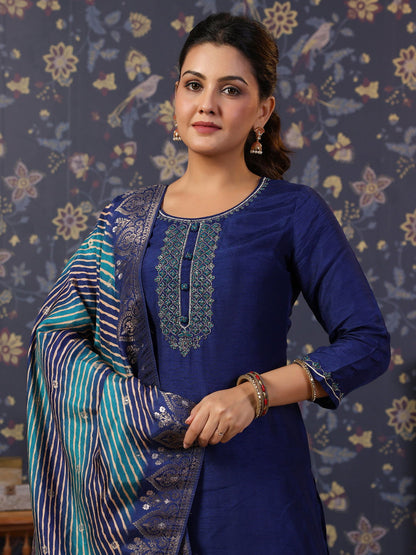 Navy-Blue Thread Work Detailed Straight Pure Silk Kurta & Churidar With Dupatta - Buy Best Ethnic Wear for Women & Girls | Daily Woman - 