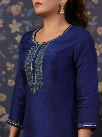 Navy-Blue Thread Work Detailed Straight Pure Silk Kurta & Churidar With Dupatta - Buy Best Ethnic Wear for Women & Girls | Daily Woman - 