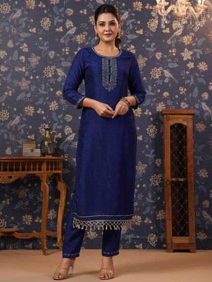 Navy-Blue Thread Work Detailed Straight Pure Silk Kurta & Churidar With Dupatta - Buy Best Ethnic Wear for Women & Girls | Daily Woman - 
