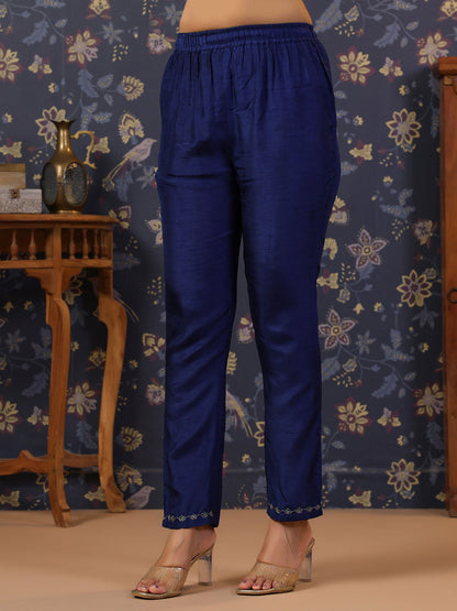 Navy-Blue Thread Work Detailed Straight Pure Silk Kurta & Churidar With Dupatta - Buy Best Ethnic Wear for Women & Girls | Daily Woman - 