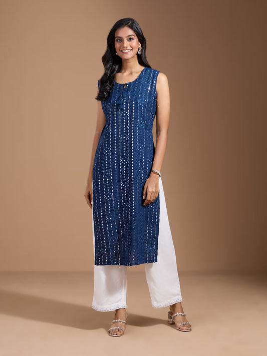 Navy -Blue Rayon Women Thread Work Kurta - Buy Best Ethnic Wear for Women & Girls | Daily Woman - 