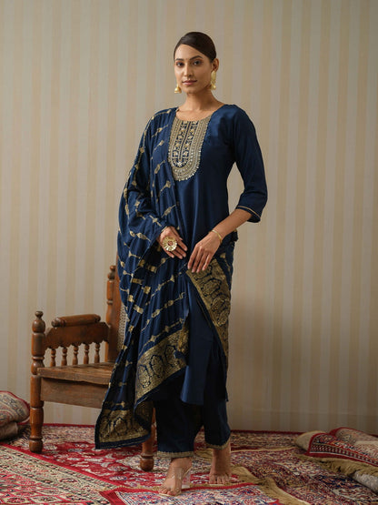 Navy Blue Ethnic Motifs Straight Kurta & Trousers With Dupatta - Buy Best Ethnic Wear for Women & Girls | Daily Woman - 
