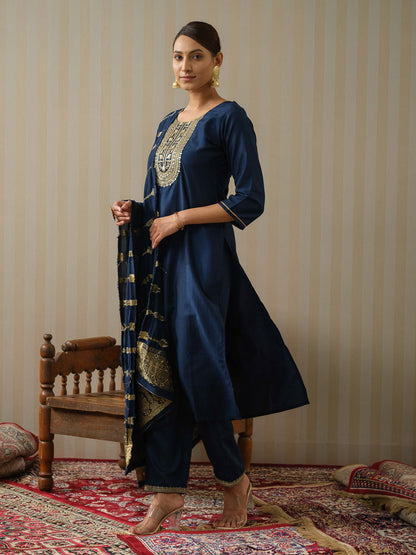 Navy Blue Ethnic Motifs Straight Kurta & Trousers With Dupatta - Buy Best Ethnic Wear for Women & Girls | Daily Woman - 