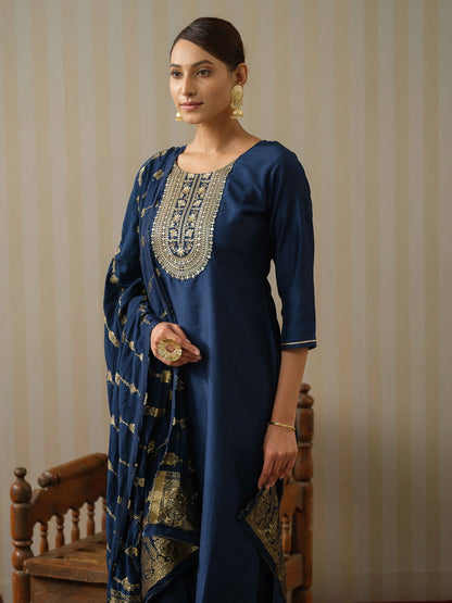 Navy Blue Ethnic Motifs Straight Kurta & Trousers With Dupatta - Buy Best Ethnic Wear for Women & Girls | Daily Woman - 