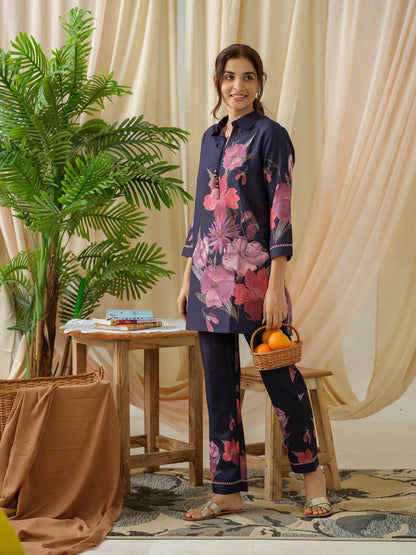 Navy Blue Floral Printed Linen Co-Ords - Buy Best Ethnic Wear for Women & Girls | Daily Woman - 