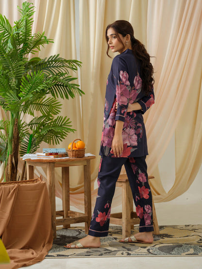 Navy Blue Floral Printed Linen Co-Ords - Buy Best Ethnic Wear for Women & Girls | Daily Woman - 