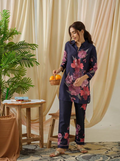 Navy Blue Floral Printed Linen Co-Ords - Buy Best Ethnic Wear for Women & Girls | Daily Woman - 