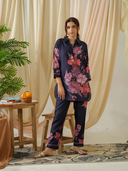 Navy Blue Floral Printed Linen Co-Ords - Buy Best Ethnic Wear for Women & Girls | Daily Woman - 