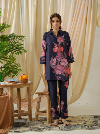 Navy Blue Floral Printed Linen Co-Ords - Buy Best Ethnic Wear for Women & Girls | Daily Woman - 