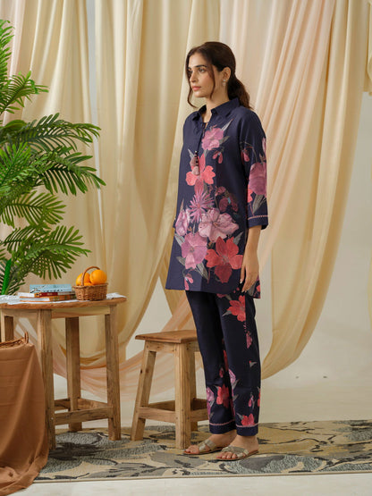 Navy Blue Floral Printed Linen Co-Ords - Buy Best Ethnic Wear for Women & Girls | Daily Woman - 