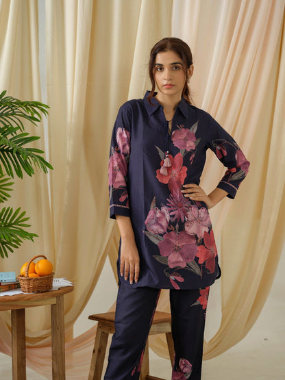 Navy Blue Floral Printed Linen Co-Ords - Buy Best Ethnic Wear for Women & Girls | Daily Woman - 