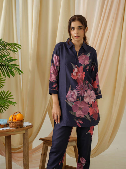 Navy Blue Floral Printed Linen Co-Ords - Buy Best Ethnic Wear for Women & Girls | Daily Woman - 