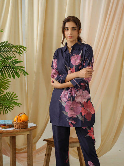 Navy Blue Floral Printed Linen Co-Ords - Buy Best Ethnic Wear for Women & Girls | Daily Woman - 