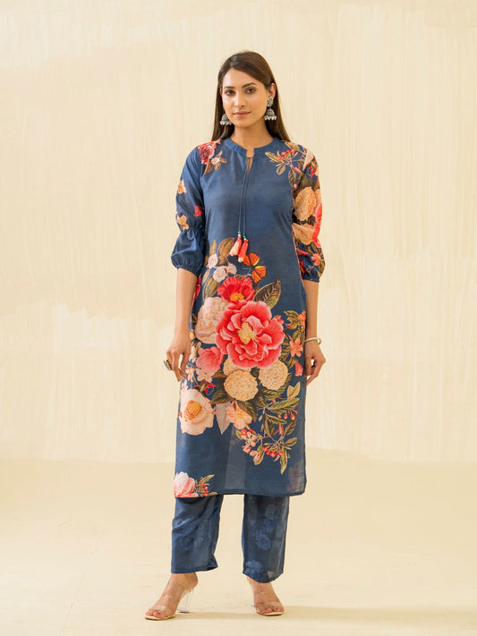 Navy Blue Floral Printed Straight Kurta and Trousers - Buy Best Ethnic Wear for Women & Girls | Daily Woman - 