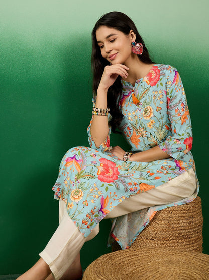 Notch Neck Floral-Printed Straight Kurtas - Buy Best Ethnic Wear for Women & Girls | Daily Woman - 