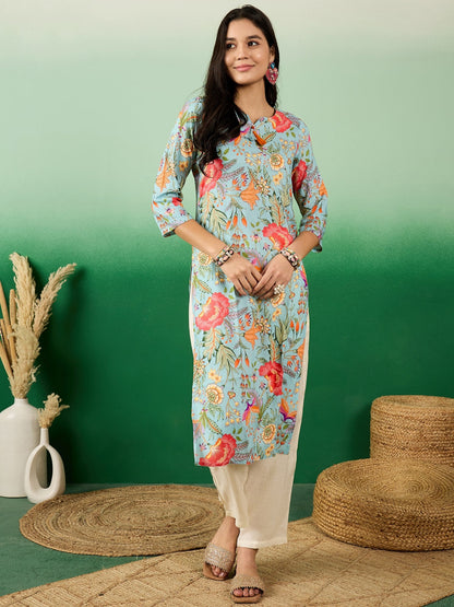 Notch Neck Floral-Printed Straight Kurtas - Buy Best Ethnic Wear for Women & Girls | Daily Woman - 