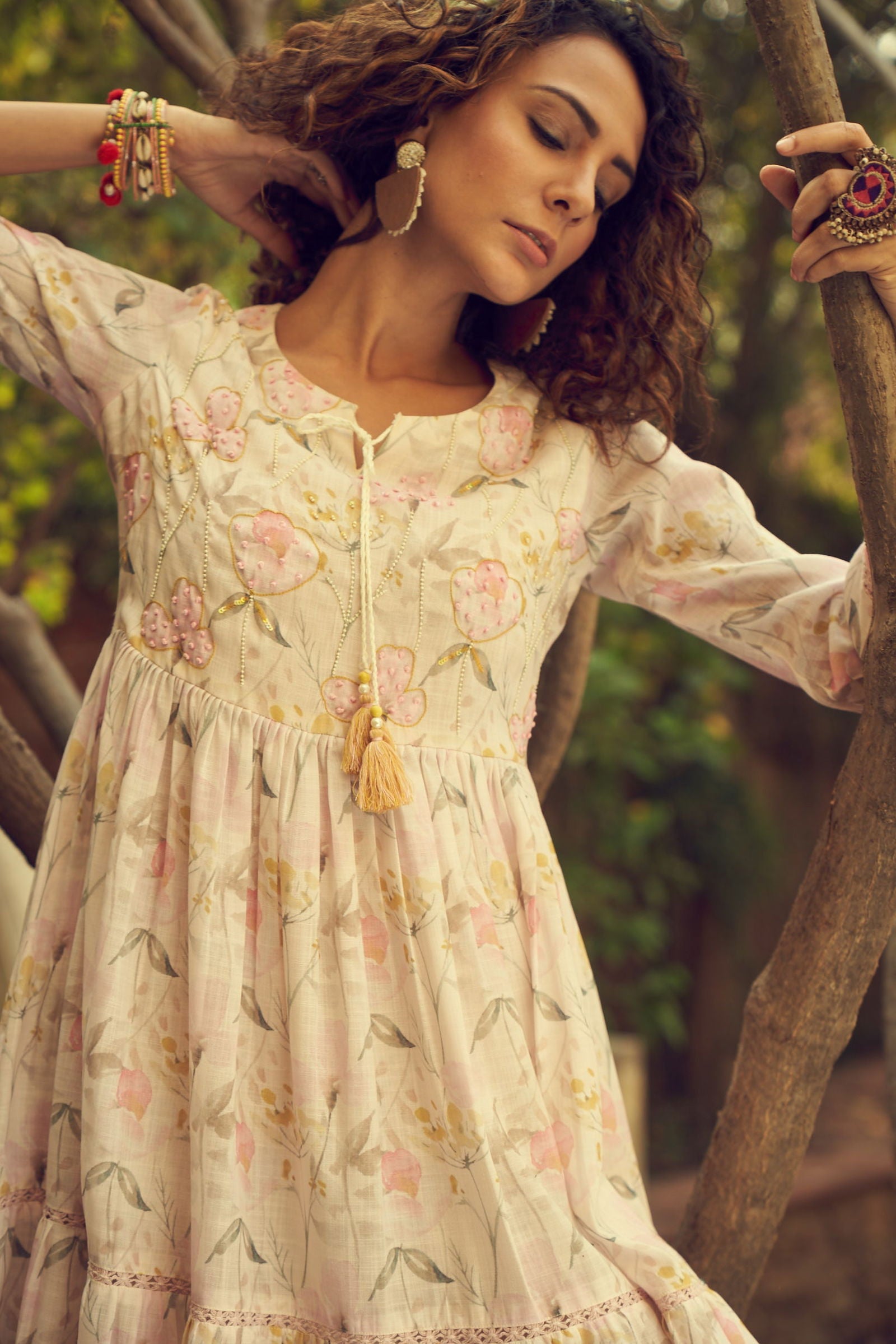 Off White Flared Printed Empire Ethnic Dresses - Buy Best Ethnic Wear for Women & Girls | Daily Woman - 