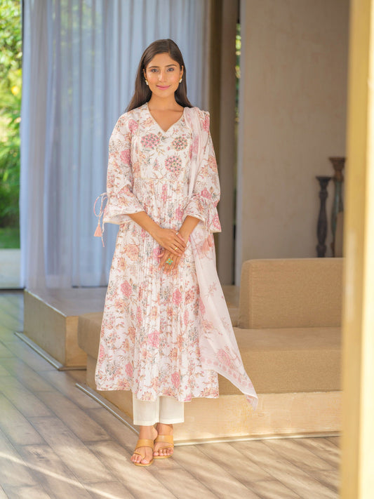 Off White Floral Printed A-Line Kurta and Trousers With Dupatta - Buy Best Ethnic Wear for Women & Girls | Daily Woman - 