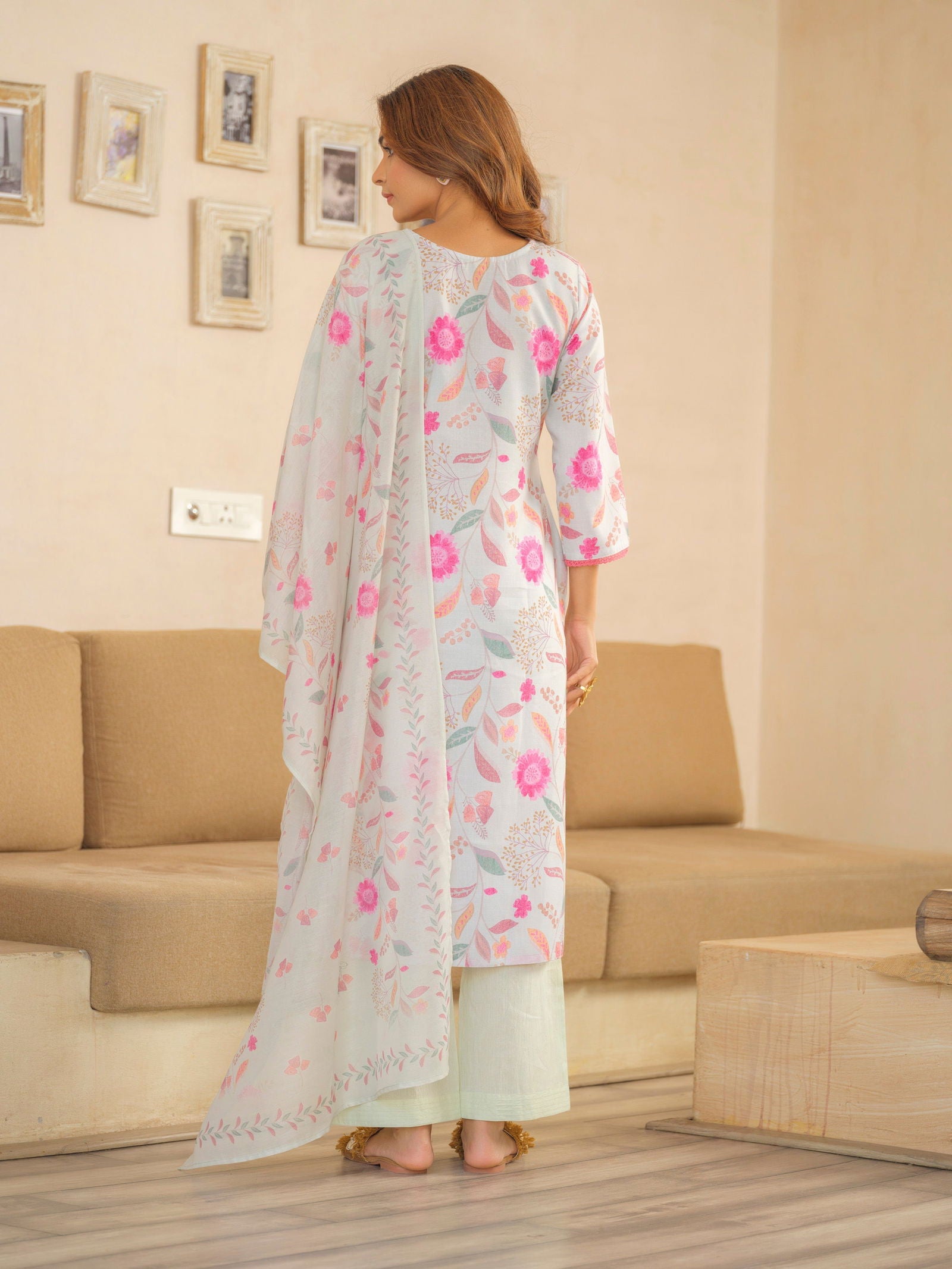 Off White Floral Printed Straight Kurta and Trousers With Dupatta - Buy Best Ethnic Wear for Women & Girls | Daily Woman - 