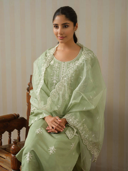 Olive Embroidered Woven Design Straight Kurta and Trousers With Dupatta - Buy Best Ethnic Wear for Women & Girls | Daily Woman - 
