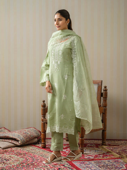 Olive Embroidered Woven Design Straight Kurta and Trousers With Dupatta - Buy Best Ethnic Wear for Women & Girls | Daily Woman - 