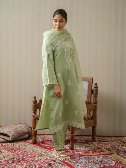 Olive Embroidered Woven Design Straight Kurta and Trousers With Dupatta - Buy Best Ethnic Wear for Women & Girls | Daily Woman - 