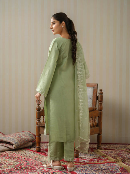 Olive Embroidered Woven Design Straight Kurta and Trousers With Dupatta - Buy Best Ethnic Wear for Women & Girls | Daily Woman - 