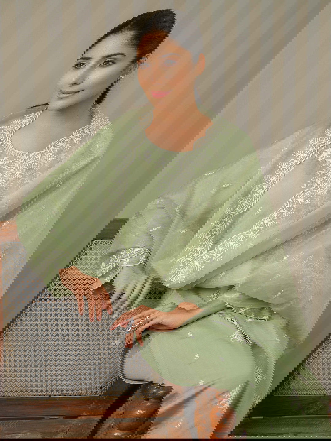 Olive Embroidered Woven Design Straight Kurta and Trousers With Dupatta - Buy Best Ethnic Wear for Women & Girls | Daily Woman - 