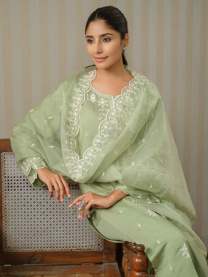 Olive Embroidered Woven Design Straight Kurta and Trousers With Dupatta - Buy Best Ethnic Wear for Women & Girls | Daily Woman - 