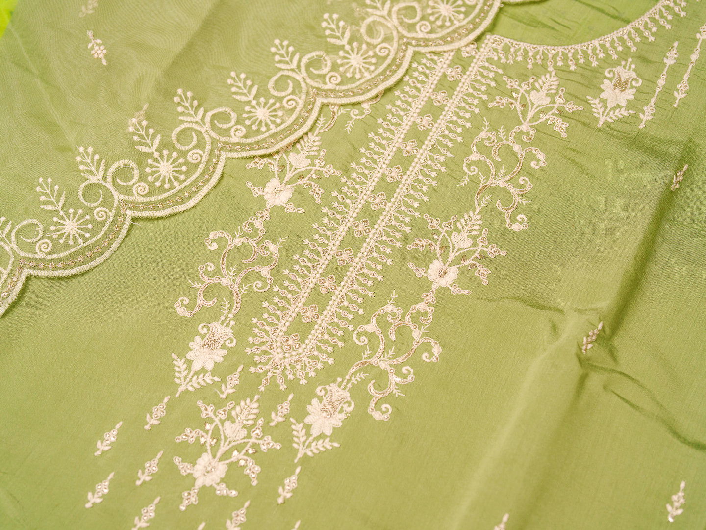 Olive Embroidered Woven Design Straight Kurta and Trousers With Dupatta - Buy Best Ethnic Wear for Women & Girls | Daily Woman - 