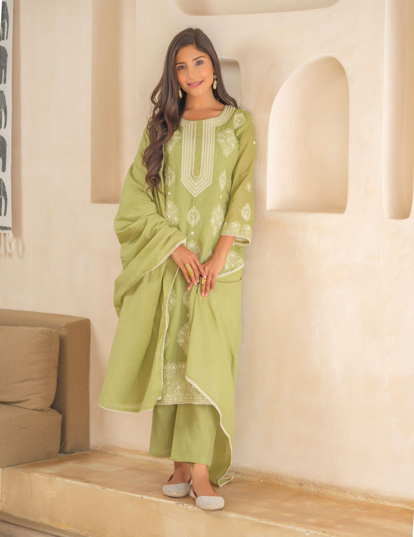 Olive Ethnic Motifs Embroidered Straight Kurta and Trousers With Dupatta - Buy Best Ethnic Wear for Women & Girls | Daily Woman - 