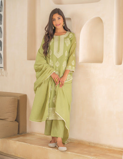 Olive Ethnic Motifs Embroidered Straight Kurta and Trousers With Dupatta - Buy Best Ethnic Wear for Women & Girls | Daily Woman - 