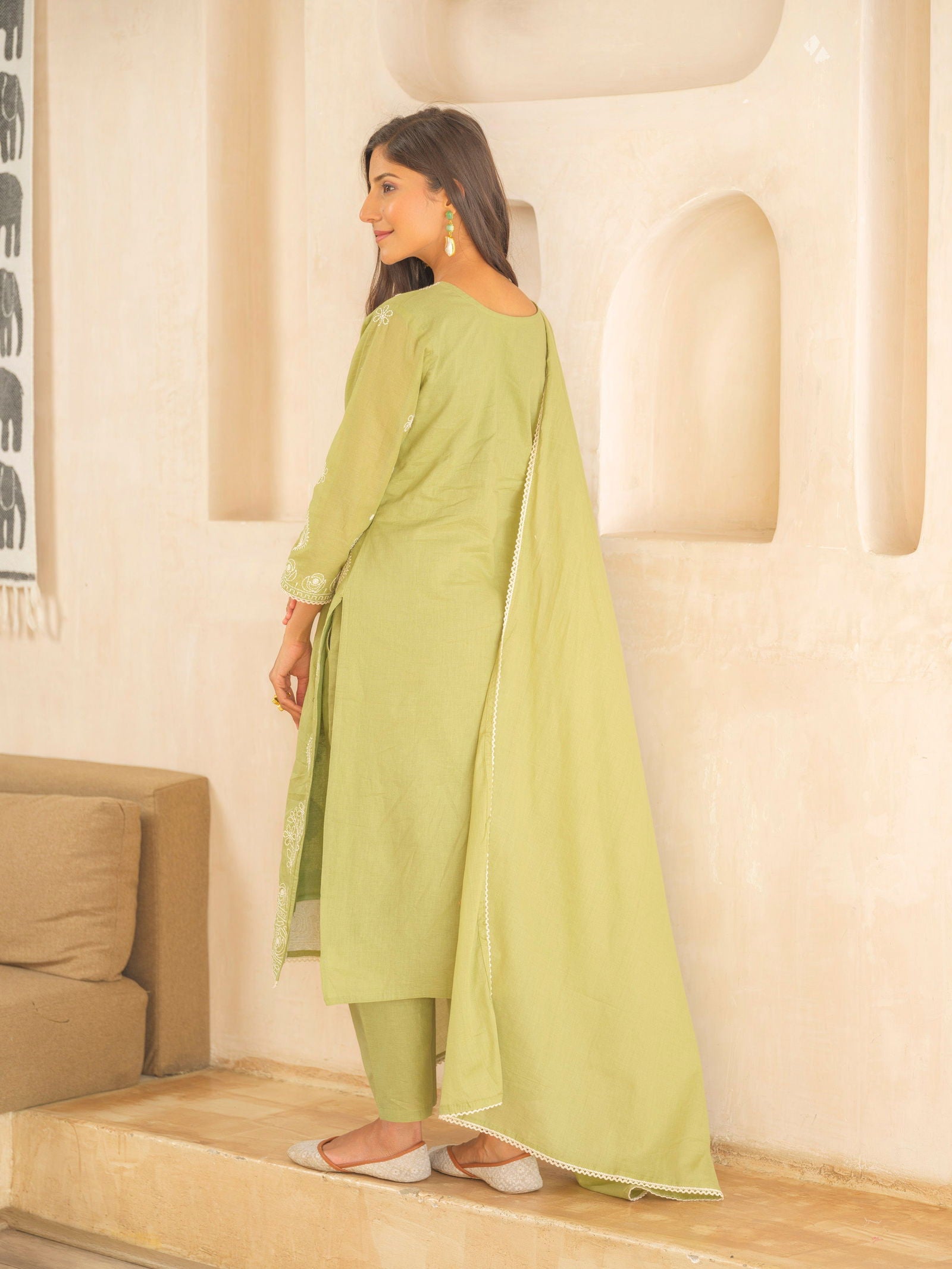 Olive Ethnic Motifs Embroidered Straight Kurta and Trousers With Dupatta - Buy Best Ethnic Wear for Women & Girls | Daily Woman - 