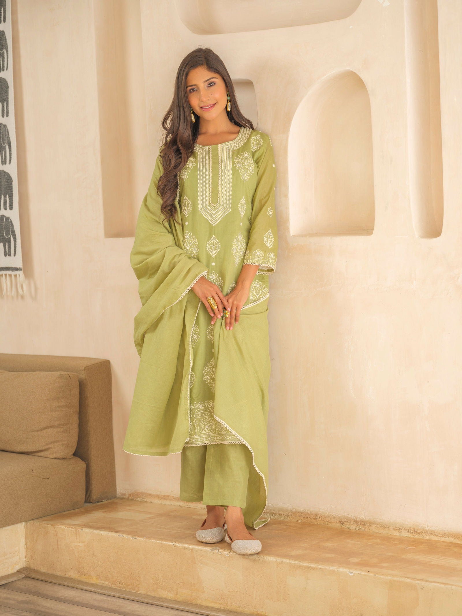 Olive Ethnic Motifs Embroidered Straight Kurta and Trousers With Dupatta - Buy Best Ethnic Wear for Women & Girls | Daily Woman - 
