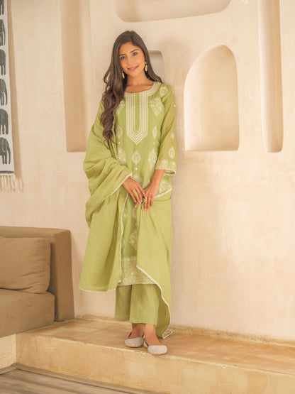 Olive Ethnic Motifs Embroidered Straight Kurta and Trousers With Dupatta - Buy Best Ethnic Wear for Women & Girls | Daily Woman - 