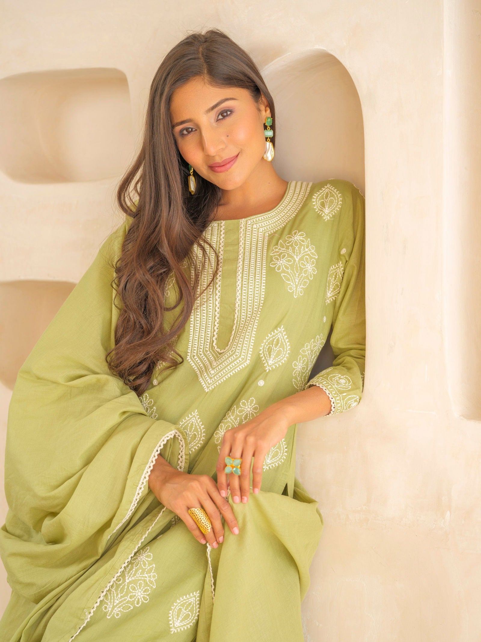 Olive Ethnic Motifs Embroidered Straight Kurta and Trousers With Dupatta - Buy Best Ethnic Wear for Women & Girls | Daily Woman - 