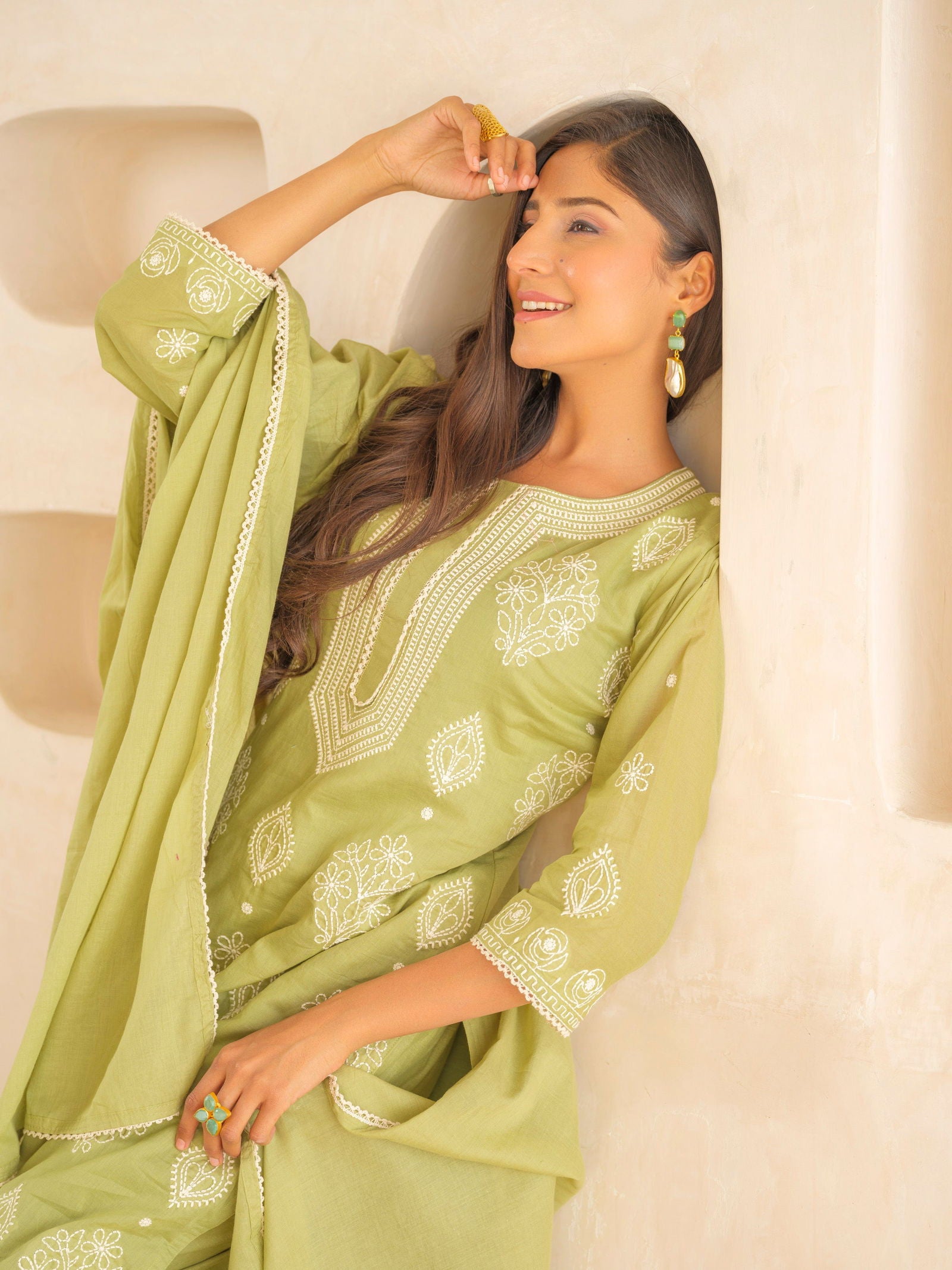 Olive Ethnic Motifs Embroidered Straight Kurta and Trousers With Dupatta - Buy Best Ethnic Wear for Women & Girls | Daily Woman - 