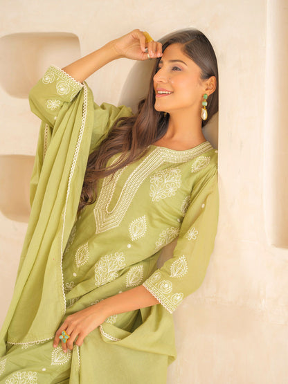 Olive Ethnic Motifs Embroidered Straight Kurta and Trousers With Dupatta - Buy Best Ethnic Wear for Women & Girls | Daily Woman - 