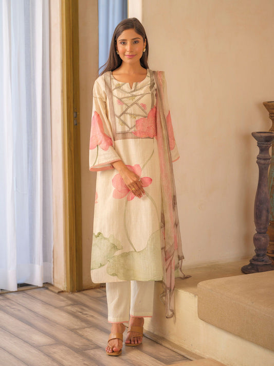 Olive Floral Printed Straight Kurta and Trousers With Dupatta - Buy Best Ethnic Wear for Women & Girls | Daily Woman - 