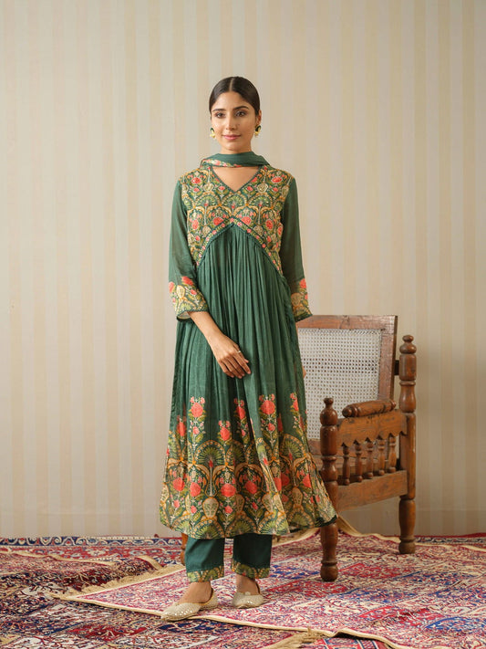 Olive Printed Floral A-Line Kurta and Trousers With Dupatta - Buy Best Ethnic Wear for Women & Girls | Daily Woman - 
