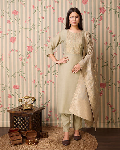 Olive Woven Design Yoke Design Straight Kurta Trousers With Dupatta - Buy Best Ethnic Wear for Women & Girls | Daily Woman - 