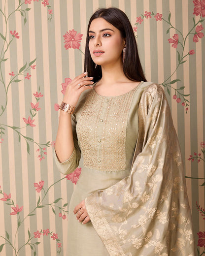 Olive Woven Design Yoke Design Straight Kurta Trousers With Dupatta - Buy Best Ethnic Wear for Women & Girls | Daily Woman - 