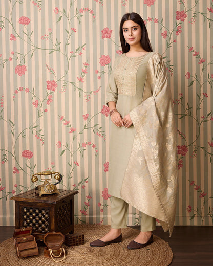 Olive Woven Design Yoke Design Straight Kurta Trousers With Dupatta - Buy Best Ethnic Wear for Women & Girls | Daily Woman - 