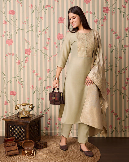 Olive Woven Design Yoke Design Straight Kurta Trousers With Dupatta - Buy Best Ethnic Wear for Women & Girls | Daily Woman - 