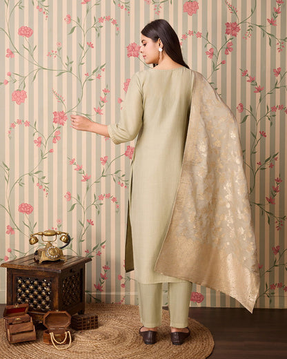 Olive Woven Design Yoke Design Straight Kurta Trousers With Dupatta - Buy Best Ethnic Wear for Women & Girls | Daily Woman - 