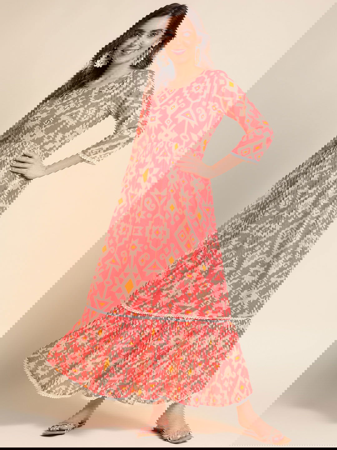 Orange Flared Printed Empire Ethnic Dresses - Buy Best Ethnic Wear for Women & Girls | Daily Woman - 