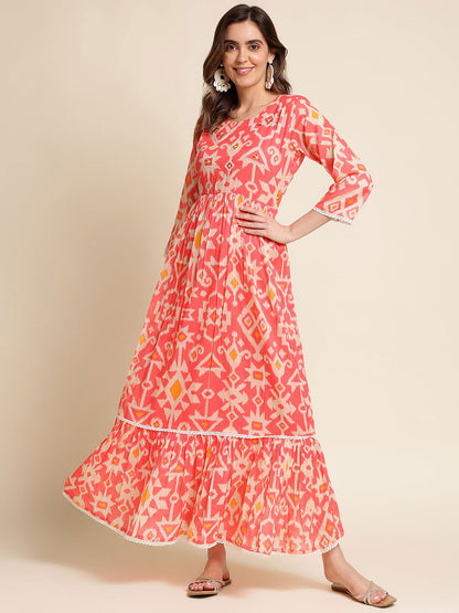 Orange Flared Printed Empire Ethnic Dresses - Buy Best Ethnic Wear for Women & Girls | Daily Woman - 