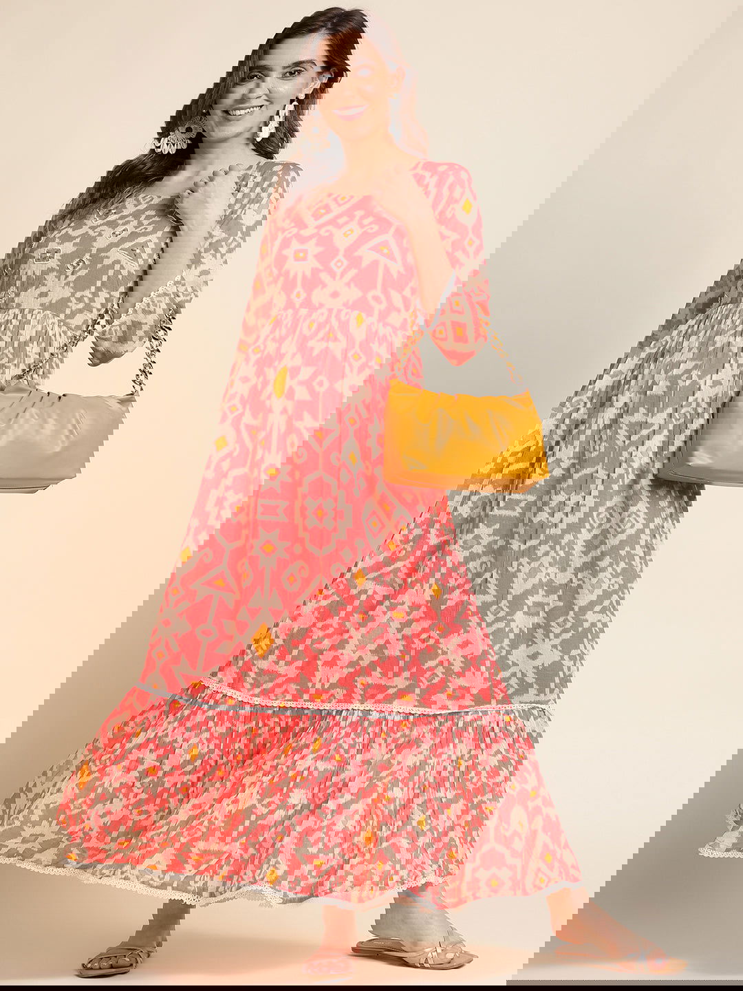 Orange Flared Printed Empire Ethnic Dresses - Buy Best Ethnic Wear for Women & Girls | Daily Woman - 
