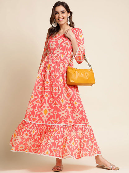 Orange Flared Printed Empire Ethnic Dresses - Buy Best Ethnic Wear for Women & Girls | Daily Woman - 